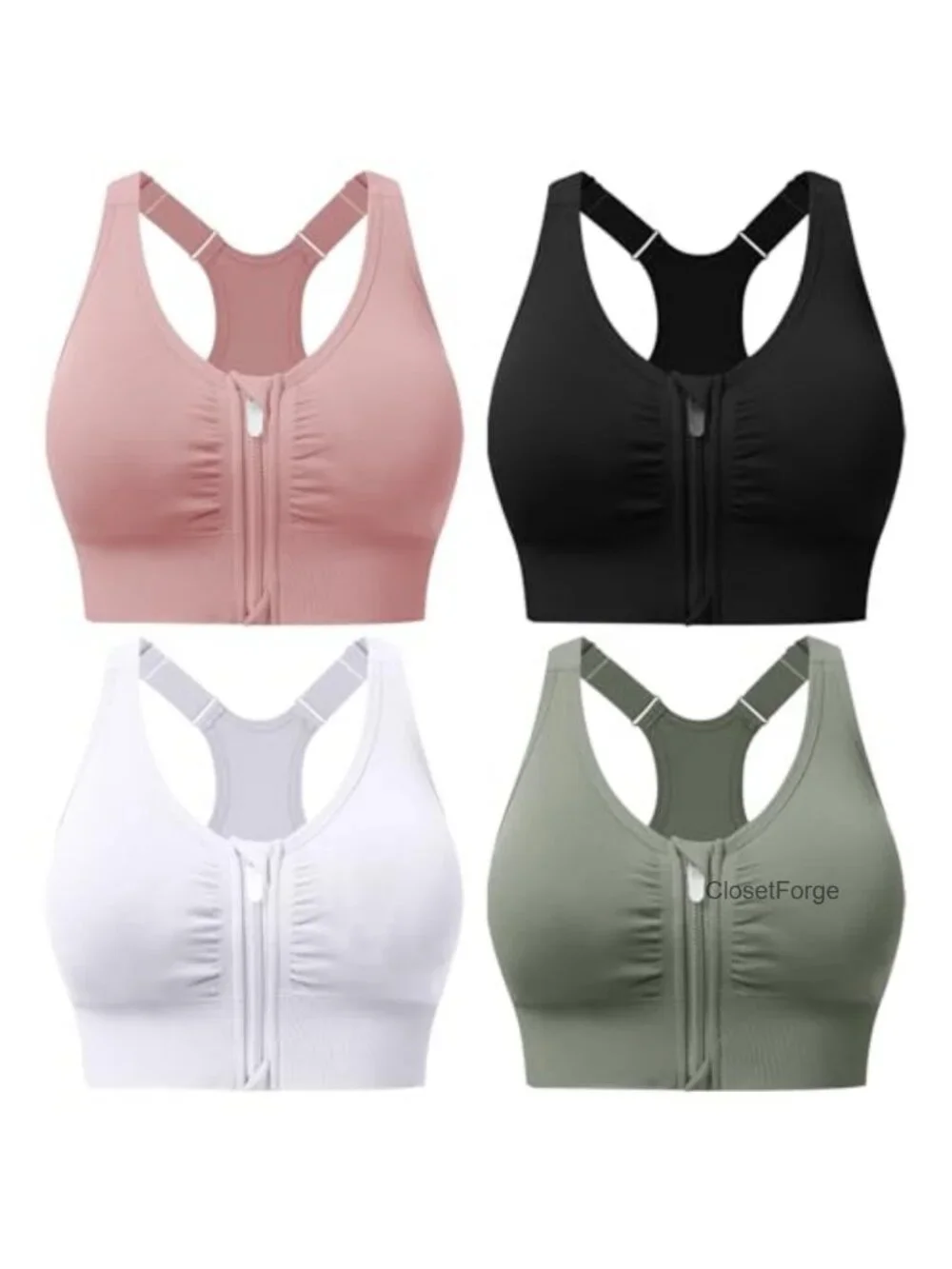 Zip Front Sports Bra Adjustable Racerback Medium Support Padded Seamless Yoga